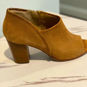 Suede open toe ankle bootie with block heels